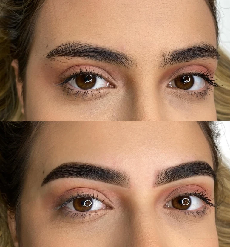 Antes e depois de design: sobrancelhas preenchidas e definidas